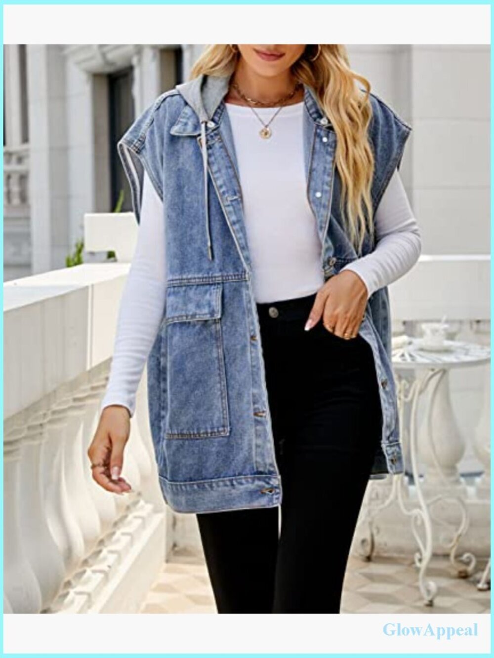 Women's Oversized Denim Vest Mid Long Jean Vest Sleeveless Jacket Distressed - Picture 2 of 7